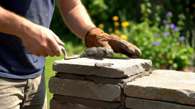 Stone Wall Construction - A stonemason is building a stone wall. He is wearing a glove and placing stones on top of each other with mortar.