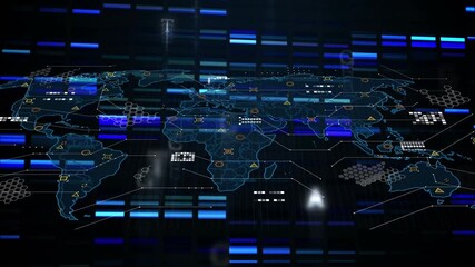 Animation of world map, financial graphs and data on black background - Powered by Adobe
