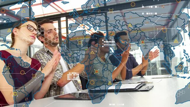 Animation of world map and icons over diverse businesspeople clapping hands