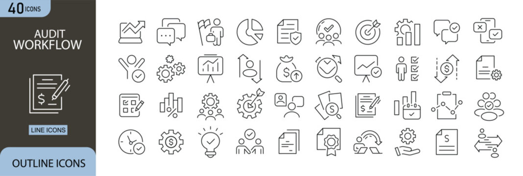 Audit workflow icon set showing audit process, review, checklist, compliance, reporting, analysis, approval, and documentation steps. Clean outline icons for business, finance, and corporate use.