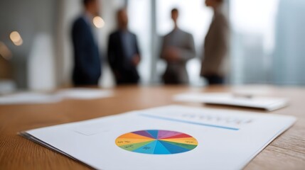 Business professionals in a modern office setting gathered around a table discussing financial data displayed on charts and graphs