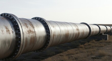 Large diameter rusty metal pipeline with bolted flanges outdoors