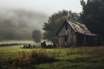 Foggy Rural Smokehouse in Misty Countryside | Rustic Wooden Building Photo old abandoned house