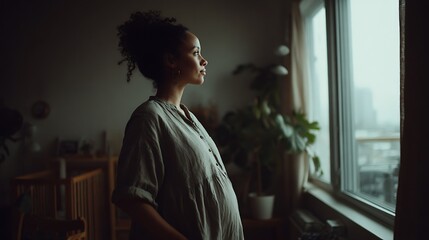 Pregnant Woman Standing by Window in Cozy Indoor Setting, Reflecting on Life and Anticipation of Motherhood