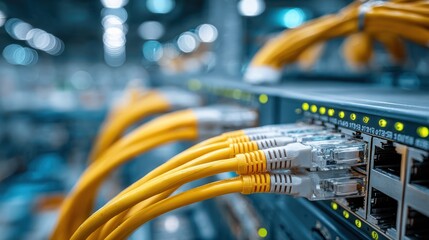 Close-up of network server with yellow Ethernet cables plugged in. Blurry background
