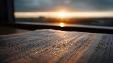 Financial document covered in dew droplets illuminated by a gentle sunrise