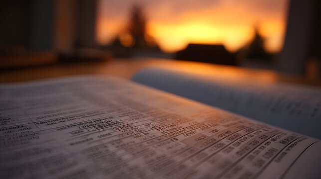 Open book displaying financial data and text with a blurred warm sunset sky as background - Powered by Adobe