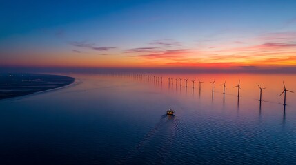 Aerial View of Wind Turbines at Sunset over Calm Ocean Waters with Vibrant Colors and Tranquil Atmosphere
