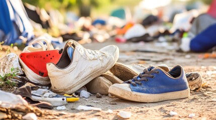 Discarded and worn out athletic shoes scattered across dusty ground with other debris in an outdoor setting