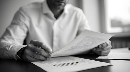 A professional reviewing financial documents and reports with charts and graphs on a desk