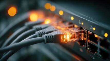 Close-up of network switch with connected Ethernet cables. Illuminated ports and bokeh effect