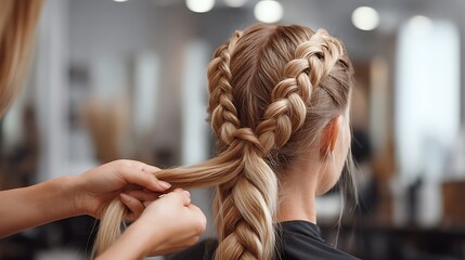 Elegant Braided Hairstyle Creation in Hair Salon with Professional Stylist Working on Client's Hair