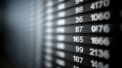 Close up of a glowing digital display board showing rows of financial numbers and data on a dark background