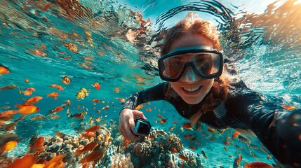 Smiling Woman Underwater with Colorful Fish and Coral Reefs in Tropical Ocean Environment