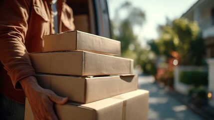 Delivery Person Carrying Stack of Unlabeled Cardboard Boxes Outside Residential Neighborhood During Daylight