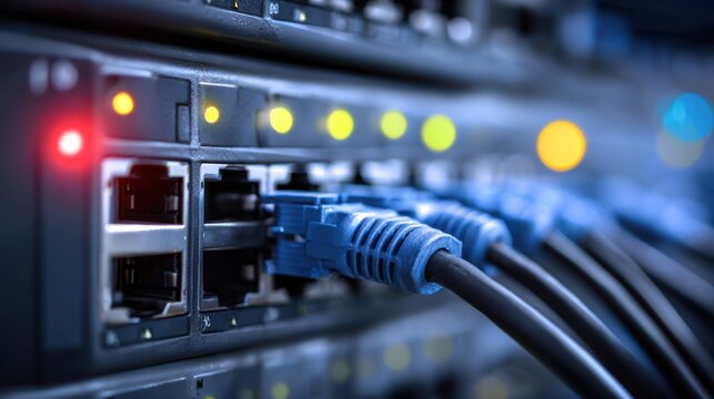 Close-up of network switch with active ports and ethernet cables plugged in, blue hue - Powered by Adobe