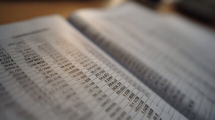 Close up on an open financial ledger book featuring precise columns of numbers and text suggesting financial analysis and record keeping