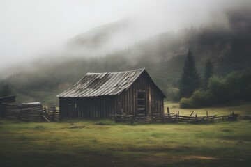 Misty Fog Landscape Around Rustic Wooden Smokehouse | Vintage Outdoor Architecture old abandoned house
