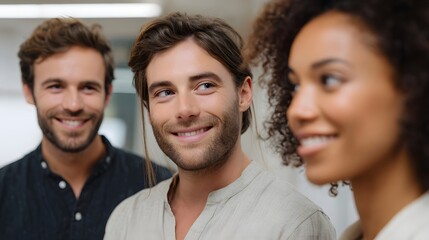 Three diverse colleagues share friendly smiles and conversation in a bright office