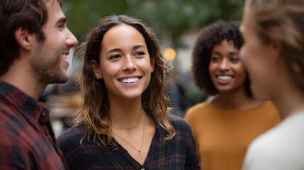 Obraz premium A diverse group of young adults engaged in a lively conversation outdoors sharing smiles and connection