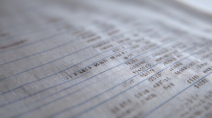 Close up of lined document with columns of financial data and text