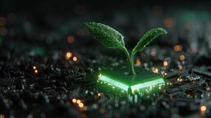 Close-up of plant sprouting from illuminated circuit board, conveying technology and nature