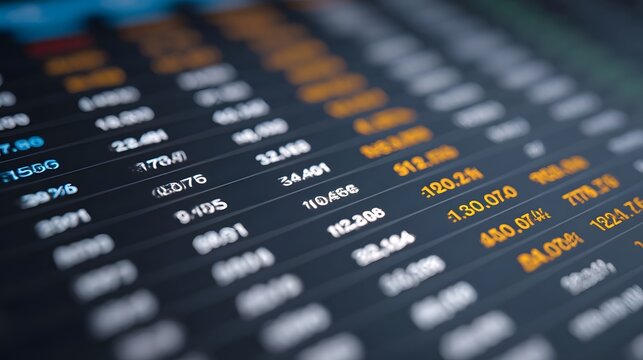 Digital display showing rows of financial data and market numbers on a dark background - Powered by Adobe