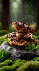 Obraz premium BBQ Grilled Chicken Wings Stacked on a Forest Rock with Green Moss