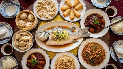 A vibrant and abundant traditional family dinner spread, showcasing steamed fish, various dumplings, and exquisite Asian dishes, ideal for festive celebrations and cultural gatherings