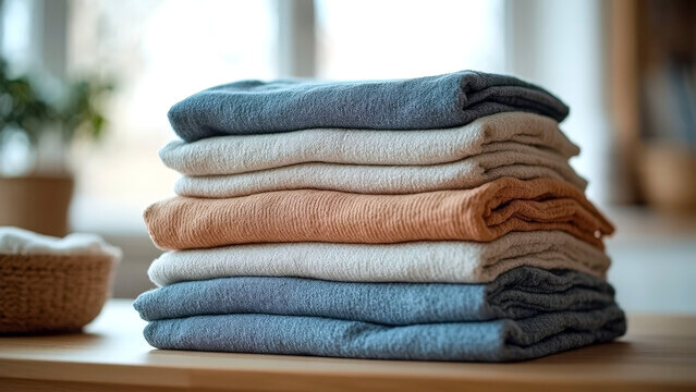 Neatly folded laundry in soft light household chores home organization clean laundry routine image