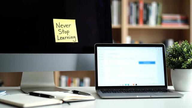 Office Desk Setup with Learning Reminder - A computer monitor with a "Never Stop Learning" sticky note sits on a white desk beside an open laptop and a potted plant.