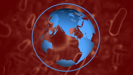 Animation of blue globe rotating in circle over biological cells floating on brown background - Powered by Adobe