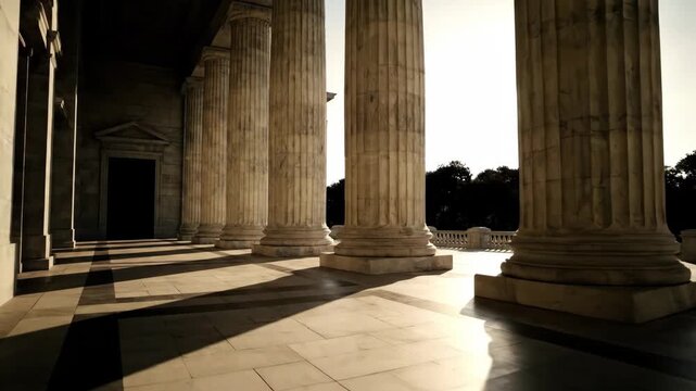 Marble Columns at Sunset - A view of a building's exterior with prominent marble columns and a doorway. Long shadows are cast across the marble tiled floor in the late afternoon sunlight.