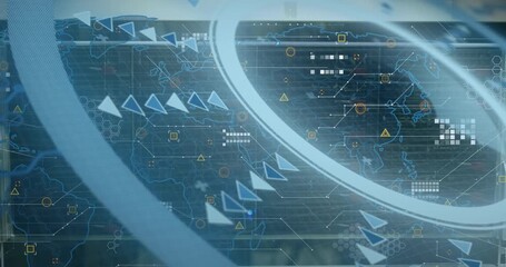 Animation of round scanner and data processing over world map against blue background - Powered by Adobe