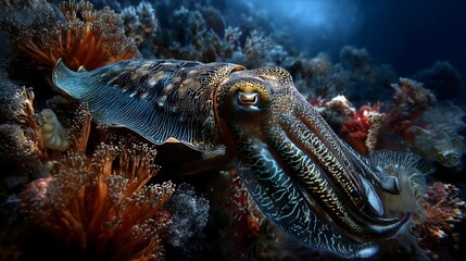 Colorful cuttlefish underwater close-up