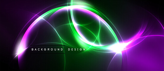 Abstract neon lights create dynamic curves, vibrant colors blend. Dark background emphasizes glowing lines, modern design element.