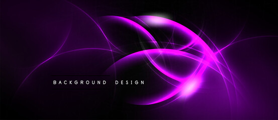 Abstract purple light streaks form dynamic curves. Dark background emphasizes glowing lines, creating modern design element.