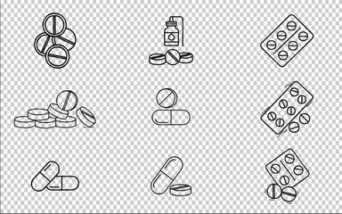 Medicine Pills and Capsules Line Icons Set, Pharmaceutical Drugs Outline Illustration