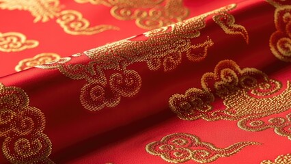 Luxurious red silk fabric adorned with shimmering golden cloud patterns, reflecting rich traditional Asian textile artistry and elegant cultural design