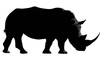 A stark, two-tone silhouette of a rhinoceros, shown in side profile, grazing on a plain white background