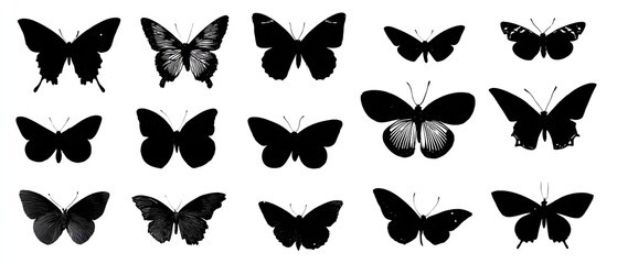 A collection of various butterfly silhouettes in contrasting black against a white background