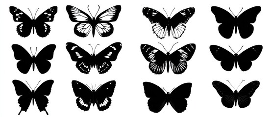 A collection of twelve silhouette illustrations of butterflies, showcasing intricate wing patterns on a white backdrop