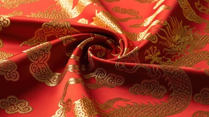 Opulent Red Brocade Fabric Featuring Ornate Golden Dragon and Auspicious Cloud Motifs, Evoking Traditional Asian Craftsmanship and Cultural Grandeur