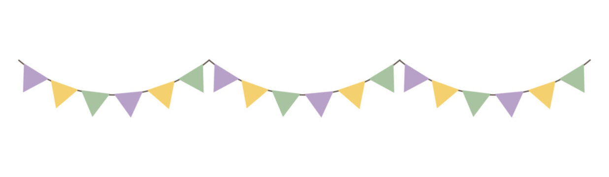 Bunting garland with colored triangular flags. Soft minimal illustration isolated on white for celebrations, parties, invitations, baby showers and branding designs.