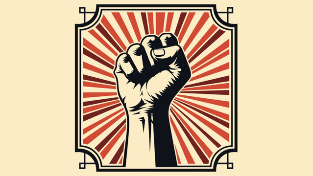 Raised fist illustration with red and beige radiating lines in a decorative frame symbolizing power, protest, and unity.