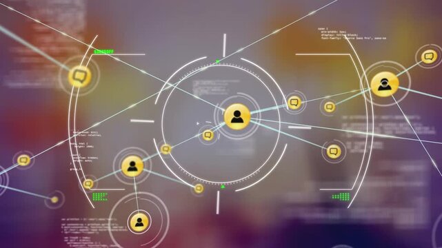 Animation of scope scanning over network of profile icons and data processing on blur background