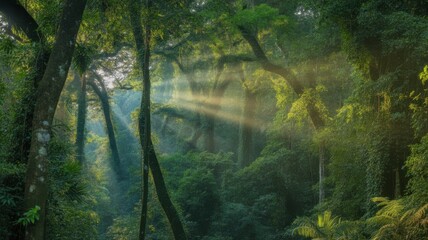 Sunbeams streaming through lush green jungle canopy, atmospheric forest light rays, tranquil nature scene, tropical rainforest illustration