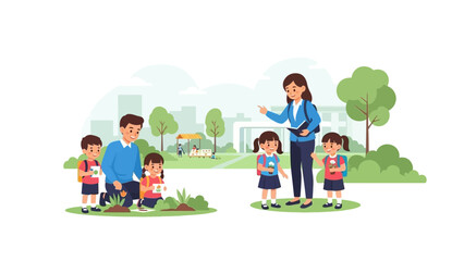 Fototapeta premium Parents and children interacting in a serene park environment from a distant viewpoint