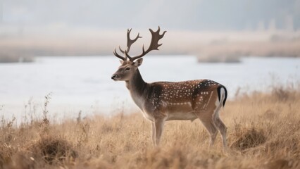 A spotted stag stands on the dry grass by a lakeside, with a misty background creating a quiet and soft natural atmosphere.