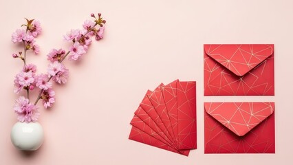 Elegant red envelopes featuring geometric gold patterns alongside blooming pink cherry branches, capturing the essence of spring and good luck for traditional holidays